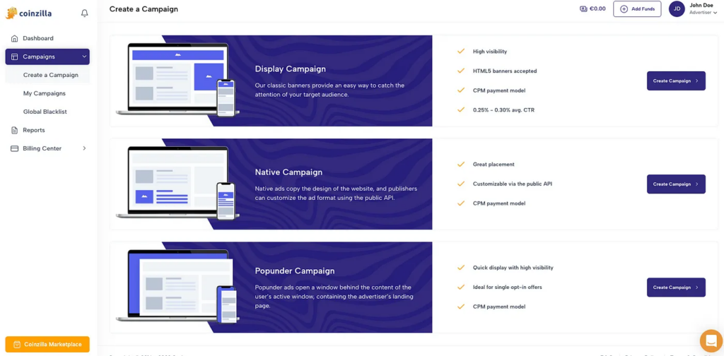Choosing Your Type of Coinzilla Campaign