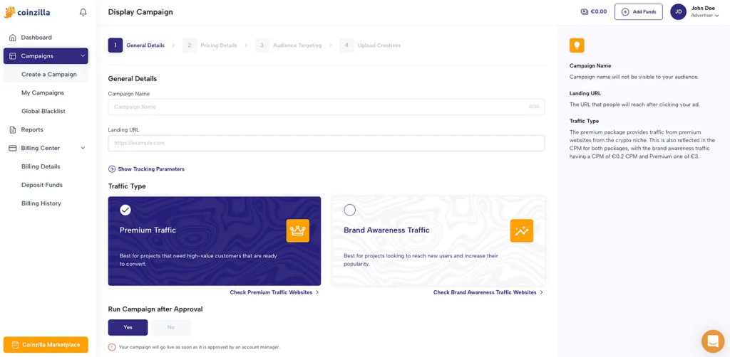 Setting Up a Display Campaign in Coinzilla Crypto ad Network