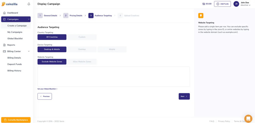 audience targeting features in Coinzilla crypto ad network