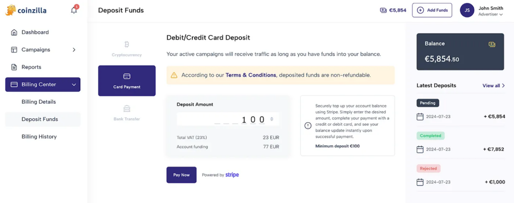how to deposit funds in coinzilla