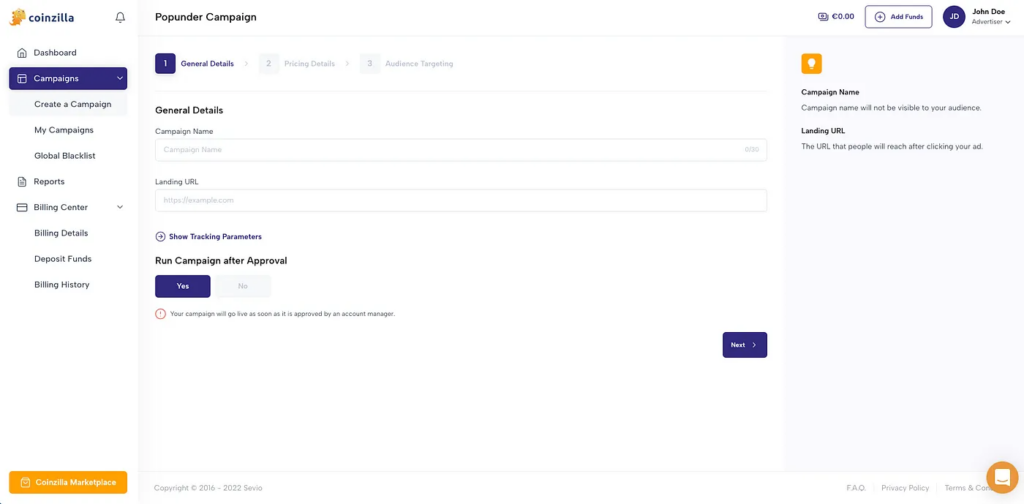 popunder campaign setup in coinzilla