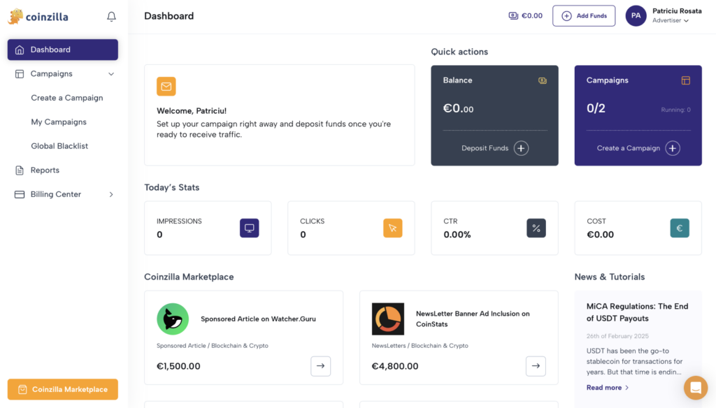 coinzilla dashboard