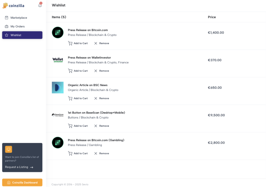 Coinzilla Marketplace Wishlist Feature